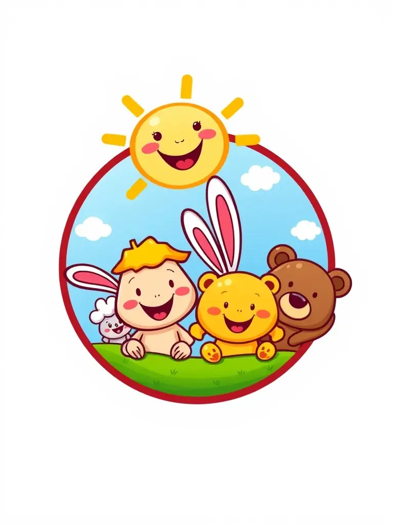 A vibrant and colorful logo design for a children's clothing brand, featuring playful typography and whimsical illustrations, set against a bright, cheerful background.